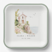 シンプル沿岸カトリック水彩教会結婚 ペーパープレート (正面)