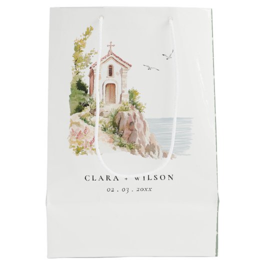 シンプル沿岸カトリック水彩教会結婚 ミディアムペーパーバッグ (裏面)
