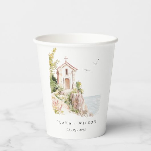 シンプル沿岸カトリック水彩教会結婚 紙コップ (裏面)
