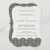 シンプル波モダン黒+白ビーチ結婚式 招待状 (正面/裏面)