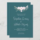シンプル淡い色のピンクと緑のフローラグリ結婚ーン 招待状 (正面/裏面)