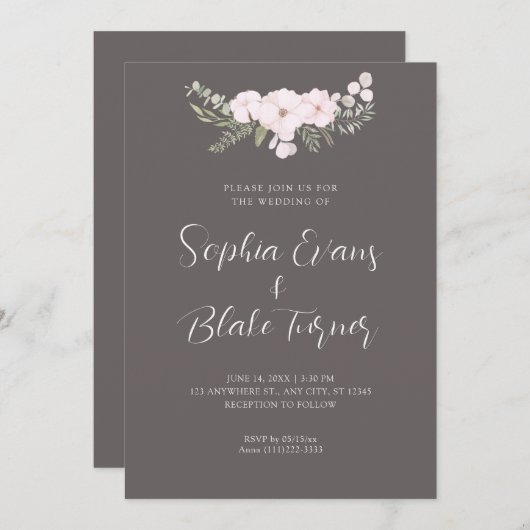 シンプル淡い色のピンクと緑のフローラグレー結婚ズ 招待状 (正面/裏面)