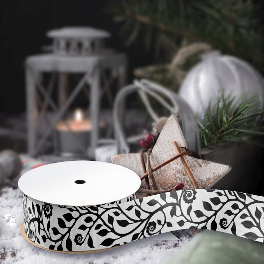 シンプル渦巻形のかわいらしフローラプリントシック白黒 グログランリボン