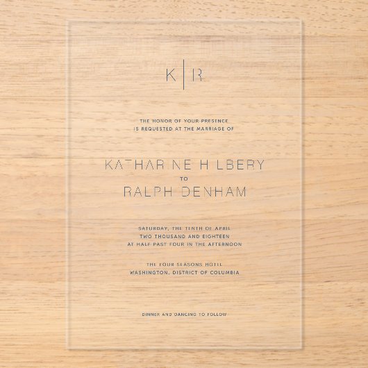 シンプル澄んモダンネイビーレタリング結婚ズ アクリル招待状 (正面)