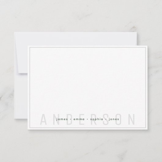 シンプル濃い緑と灰色の縁ど家族の姓 ノートカード (正面)