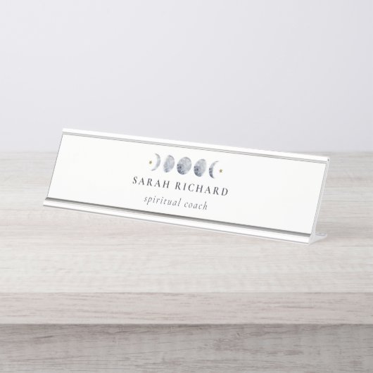 シンプル灰色の月の月相の水色 デスクネームプレート (正面)