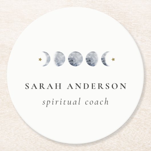 シンプル灰色の月の月相の水色 ラウンドペーパーコースター (正面)