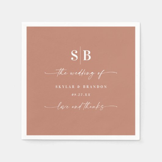 シンプル無地のカラーモノグラムの結婚テラ スタンダードカクテルナプキン (正面)