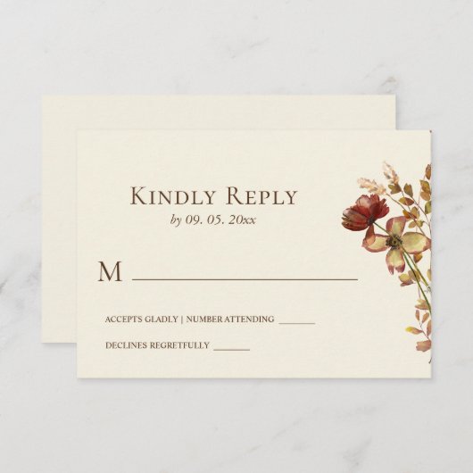 シンプル焼けオレンジ色の野花結婚フローラ 出欠カード (正面/裏面)