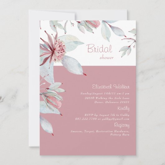 シンプル熱帯フローラピンクブライダルシャワー 招待状 (正面)