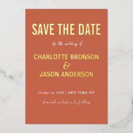 シンプル燃モダン焼オレンジ日付金ゴールドの保存 箔招待状