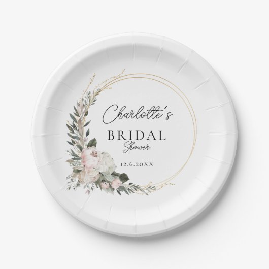 シンプル牡丹、ユーカリ、ブライダルシャワー ペーパープレート (正面)