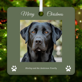 シンプル犬の写真メリークリスマスグリーン メタルオーナメント