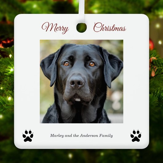 シンプル犬の写真メリークリスマスホワイト メタルオーナメント