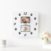 シンプル猫ポープリントペット2フォトコラージュ スクエア壁時計 (ホーム)