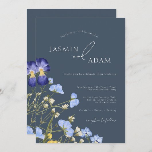 シンプル王室のブルーオプルンス野結婚花 招待状 (正面/裏面)