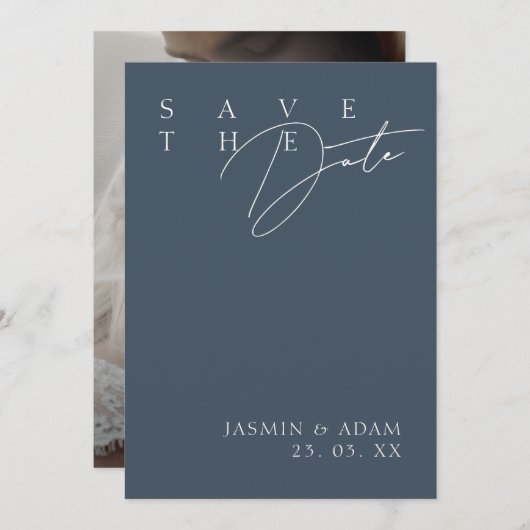 シンプル王室のブルーオモダンプレ結婚ンス セーブザデート (正面/裏面)