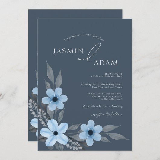 シンプル王室のブルーフローラ結婚ズ 招待状 (正面/裏面)