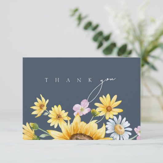 シンプル王室のブルーOpulenceひまわり結婚の サンキューカード (スタンド正面)