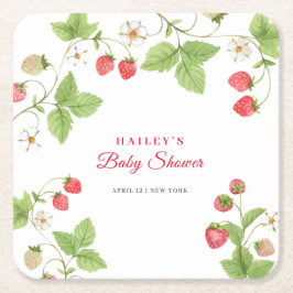 シンプル甘い緑いちご赤ちゃんシャワー スクエアペーパーコースター