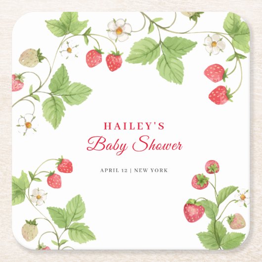 シンプル甘い緑いちご赤ちゃんシャワー スクエアペーパーコースター (正面)
