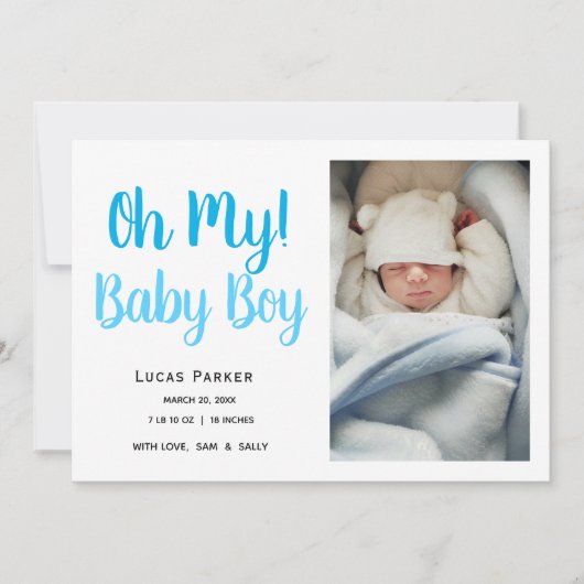 シンプル男の赤ちゃんモダン写真の誕生発表 案内状 (正面)