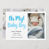 シンプル男の赤ちゃんモダン写真の誕生発表 案内状 (正面/裏面)