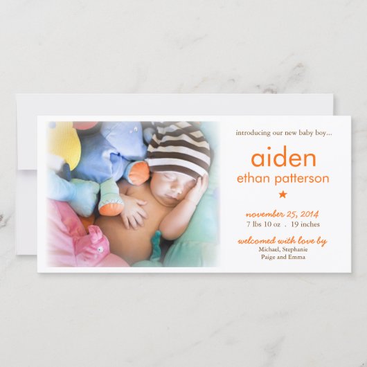 シンプル男の赤ちゃん写真の誕生発表 案内状 (正面)