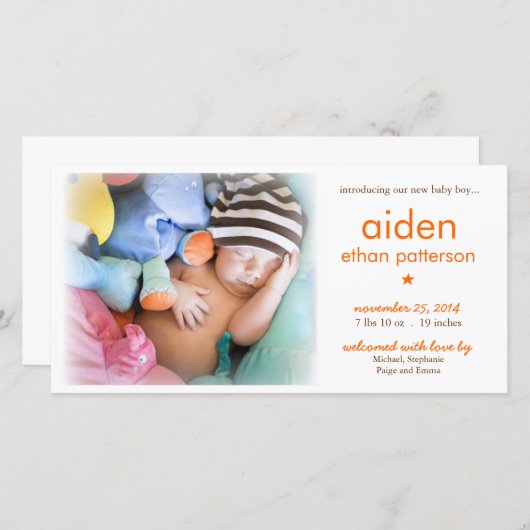 シンプル男の赤ちゃん写真の誕生発表 案内状 (正面/裏面)