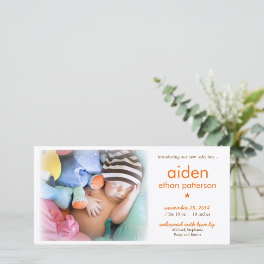 シンプル男の赤ちゃん写真の誕生発表 案内状 (スタンド正面)