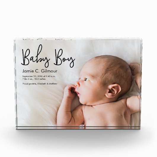 シンプル男の赤ちゃん発表スモダンクリプト フォトブロック (正面)