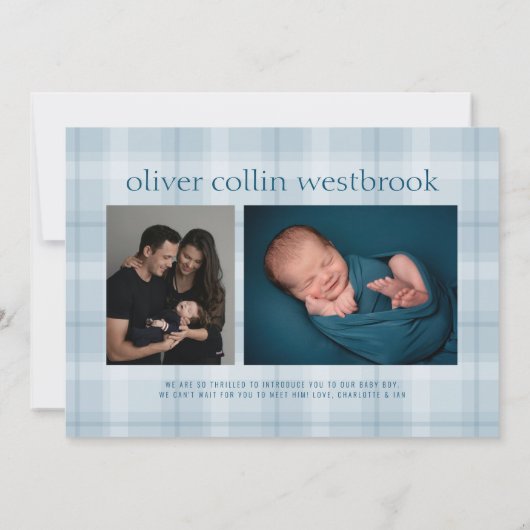 シンプル男の赤ちゃん誕生写真の発表 案内状 (裏面)