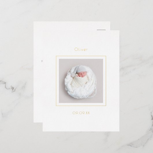 シンプル男の赤ちゃん誕生発表箔 箔招待状ポストカード (正面/裏面)