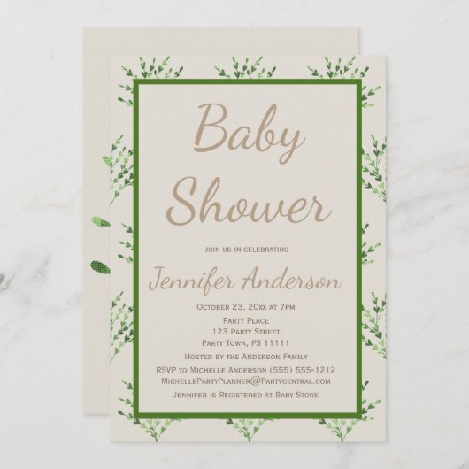 シンプル男女兼用グリーンタンベビーシャワー 招待状 (正面/裏面)