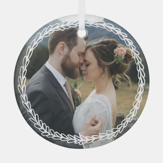 シンプル白い小麦のリースア結婚ンドの写真 ガラスオーナメント (正面)