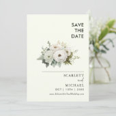 シンプル白い花の日付を保存 招待状 (スタンド正面)