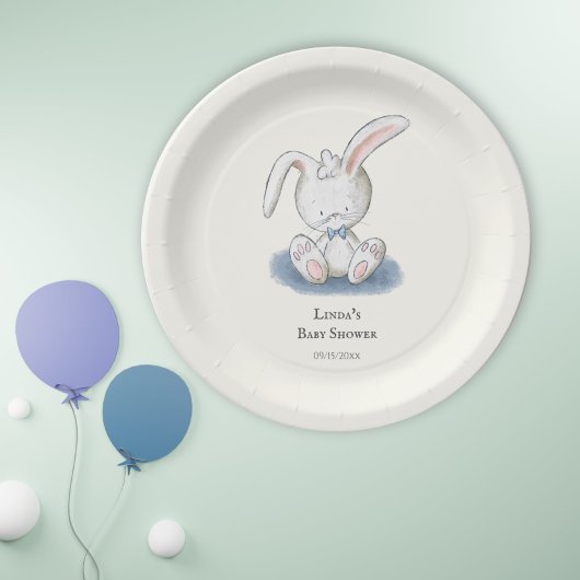 シンプル白うさぎブルータイベビーシャワー ペーパープレート