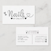 シンプル白かわいらしハートタイポグラフィ爪、 ネイルテック 名刺 (正面/裏面)