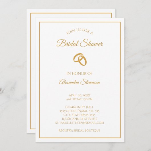 シンプル白と金ゴールドの結婚リングや輪ブライダルシャワー 招待状 (正面/裏面)