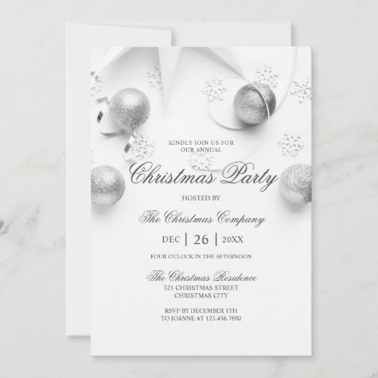 シンプル白と銀のクリスマ企業のスパーティー 招待状 (正面)