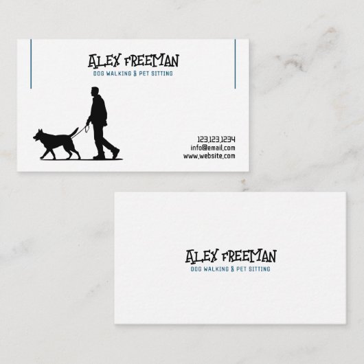 シンプル白と青のドッグウォーカーシルエット 名刺 (正面/裏面)