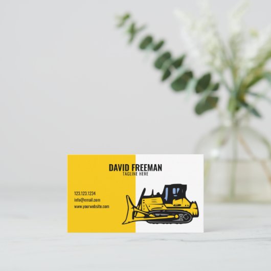 シンプル白と黄の建築ブルドーザー 名刺 (スタンド正面)