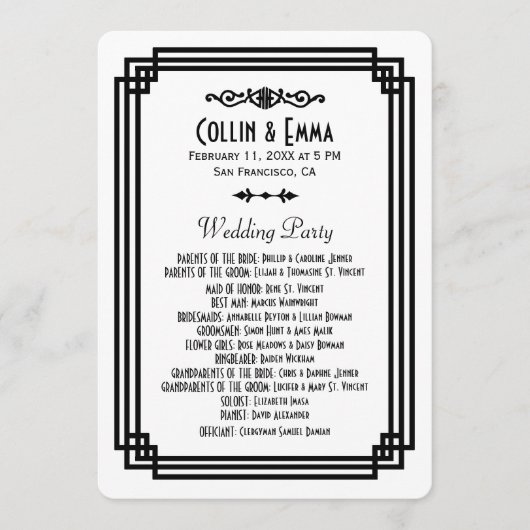 シンプル白と黒のアールデコ結婚式 プログラム (正面)