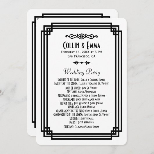 シンプル白と黒のアールデコ結婚式 プログラム (正面/裏面)