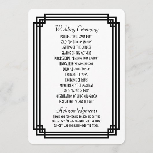 シンプル白と黒のアールデコ結婚式 プログラム (裏面)