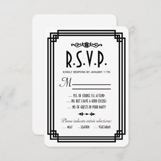 シンプル白と黒のアールデコ結婚式RSVPカード 出欠カード (正面/裏面)
