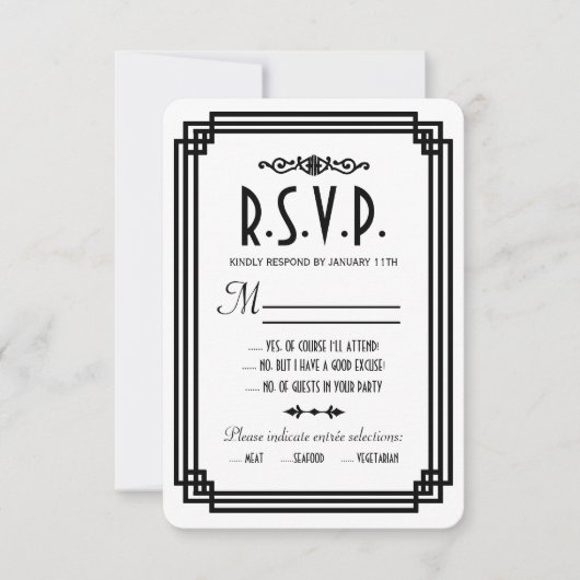シンプル白と黒のアールデコ結婚式RSVPカード 出欠カード (正面)