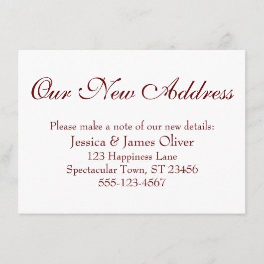 シンプル白のエレガントBurgundyの新アドレス エンクロージャーカード (正面)