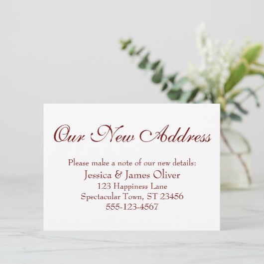 シンプル白のエレガントBurgundyの新アドレス エンクロージャーカード (スタンド正面)