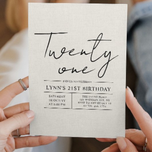 シンプル白エレガントカンバ21歳の誕生日パーティー 招待状